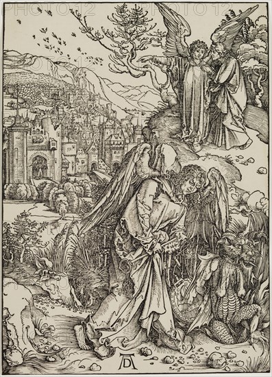 Albrecht Dürer, German, 1471-1528, The Angel with the Key of the Bottomless Pit, between 1496 and 1497, woodcut printed in black ink on laid paper, Sheet (trimmed to image): 15 1/2 × 11 1/8 inches (39.4 × 28.3 cm)