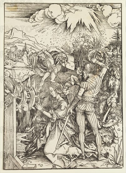 Albrecht Dürer, German, 1471-1528, The Martyrdom of Saint Catherine, between 1498 and 1499, woodcut printed in black ink on laid paper, Sheet (trimmed to image edge): 15 1/2 × 11 1/8 inches (39.4 × 28.3 cm)