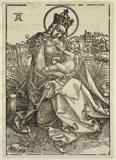 Hans Baldung Grien, German, 1484-1545, The Virgin on the Grassy Bank, between 1505 and 1507, woodcut printed in black ink on laid japan paper, Image: 9 1/4 × 6 3/8 inches (23.5 × 16.2 cm)