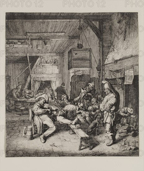 Cornelius Dusart, Dutch, 1660-1704, Sitting Fiddler, 1685, Etching and roulette printed in black on laid paper, sheet (trimmed within plate mark):