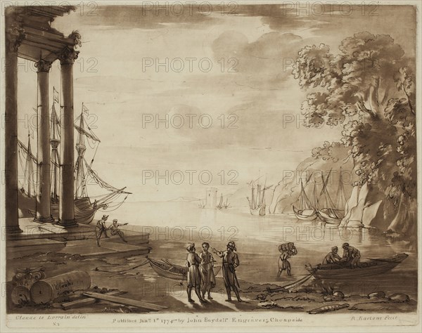 Richard Earlom, English, 1743 - 1822, after Claude Gellée, French, 1600-1682, Harbor Scene at Sunrise, ca. 1773, etching and mezzotint printed in brown ink on laid paper, Plate: 7 7/8 × 10 1/8 inches (20 × 25.7 cm)