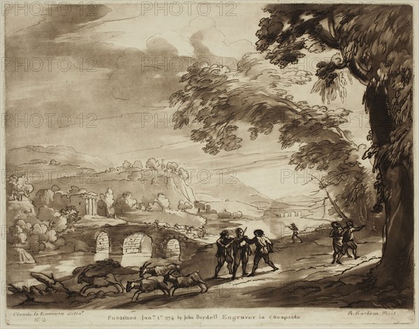 Richard Earlom, English, 1743 - 1822, after Claude Gellée, French, 1600-1682, The Robbers, ca. 1773, etching and mezzotint printed in brown ink on laid paper, Plate: 8 × 10 1/8 inches (20.3 × 25.7 cm)