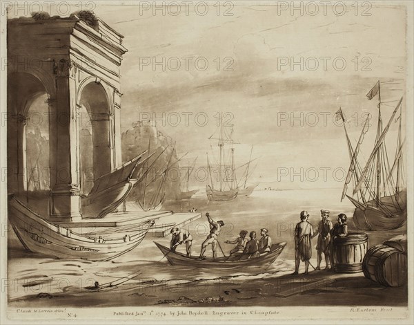 Richard Earlom, English, 1743 - 1822, after Claude Gellée, French, 1600-1682, The Merchants, ca. 1773, etching and mezzotint printed in brown ink on laid paper, Plate: 8 × 10 1/8 inches (20.3 × 25.7 cm)