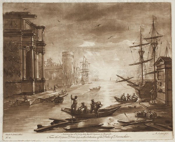 Richard Earlom, English, 1743 - 1822, after Claude Gellée, French, 1600-1682, Harbor Scene at Sunset, ca. 1773, etching and mezzotint printed in brown ink on laid paper, Plate: 8 1/4 × 10 1/8 inches (21 × 25.7 cm)