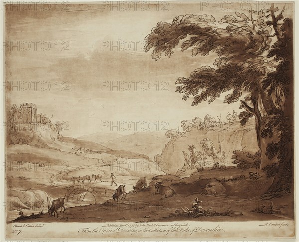 Richard Earlom, English, 1743 - 1822, after Claude Gellée, French, 1600-1682, Pastoral Landscape, ca. 1773, etching and mezzotint printed in brown ink on laid paper, Plate (and sheet): 8 1/4 × 10 1/8 inches (21 × 25.7 cm)