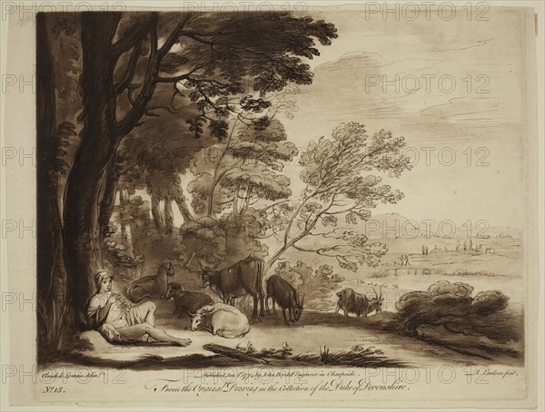Richard Earlom, English, 1743 - 1822, after Claude Gellée, French, 1600-1682, Piping Herdsman, ca. 1773, etching and mezzotint printed in brown ink on laid paper, Plate: 8 1/8 × 10 1/8 inches (20.6 × 25.7 cm)