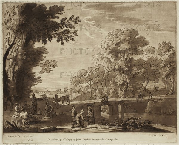 Richard Earlom, English, 1743 - 1822, after Claude Gellée, French, 1600-1682, Travelers Taking Their Repast on the Banks of a River, ca. 1773, etching and mezzotint printed in brown ink on laid paper, Plate: 8 1/4 × 10 1/4 inches (21 × 26 cm)