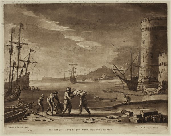 Richard Earlom, English, 1743 - 1822, after Claude Gellée, French, 1600-1682, Three Men Lifting Packages, ca. 1773, etching and mezzotint printed in brown ink on laid paper, Plate: 8 × 10 1/8 inches (20.3 × 25.7 cm)