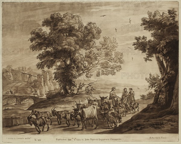 Richard Earlom, English, 1743 - 1822, after Claude Gellée, French, 1600-1682, Three Women Conducting a Herd of Cattle along a Road, ca. 1773, etching and mezzotint printed in brown ink on laid paper, Plate: 8 1/8 × 10 1/8 inches (20.6 × 25.7 cm)