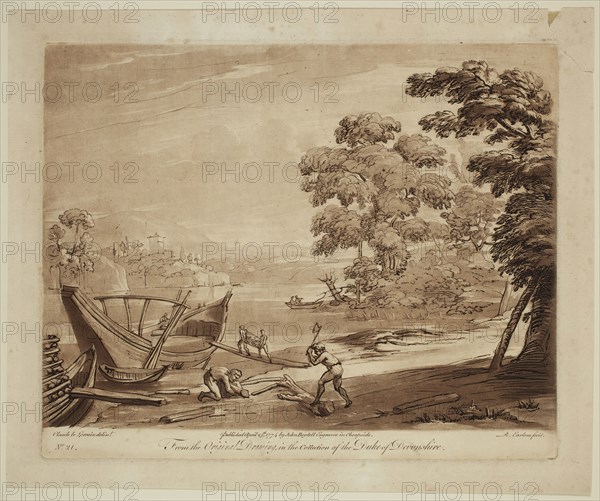 Richard Earlom, English, 1743 - 1822, after Claude Gellée, French, 1600-1682, Wood Splitters, ca. 1774, etching and mezzotint printed in brown ink on laid paper, Plate: 8 1/4 × 10 1/8 inches (21 × 25.7 cm)