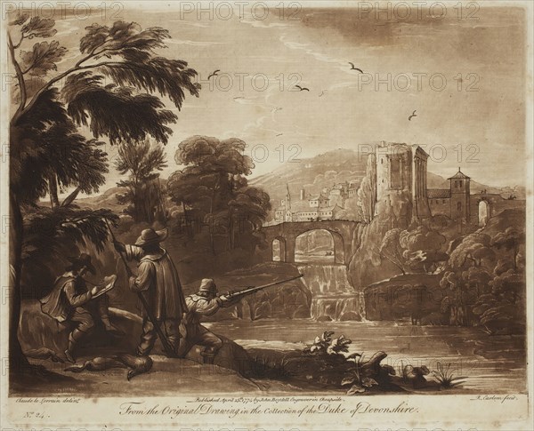 Richard Earlom, English, 1743 - 1822, after Claude Gellée, French, 1600-1682, Sportsman, ca. 1774, etching and mezzotint printed in brown ink on laid paper, Plate: 8 1/8 × 10 1/8 inches (20.6 × 25.7 cm)