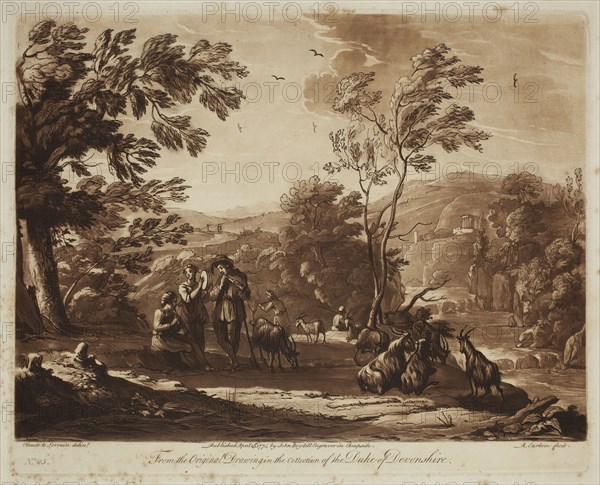 Richard Earlom, English, 1743 - 1822, after Claude Gellée, French, 1600-1682, Pastoral Musicians, ca. 1774, etching and mezzotint printed in brown ink on laid paper, Plate: 8 1/8 × 10 1/8 inches (20.6 × 25.7 cm)