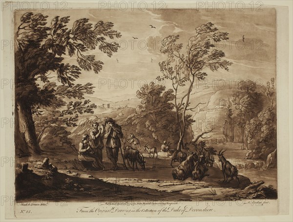 Richard Earlom, English, 1743 - 1822, after Claude Gellée, French, 1600-1682, Pastoral Musicians, ca. 1774, etching and mezzotint printed in brown ink on laid paper, Plate: 8 1/8 × 10 1/8 inches (20.6 × 25.7 cm)