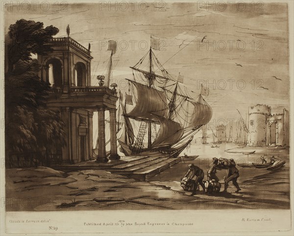 Richard Earlom, English, 1743 - 1822, after Claude Gellée, French, 1600-1682, Seaport, ca. 1774, etching and mezzotint printed in brown ink on laid paper, Plate: 8 1/8 × 10 1/8 inches (20.6 × 25.7 cm)