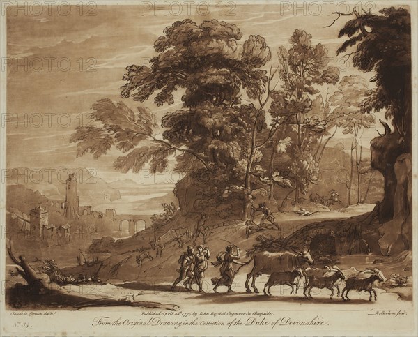 Richard Earlom, English, 1743 - 1822, after Claude Gellée, French, 1600-1682, Peasants Attacked by Banditti, ca. 1774, etching and mezzotint printed in brown ink on laid paper, Plate: 8 1/8 × 10 1/4 inches (20.6 × 26 cm)