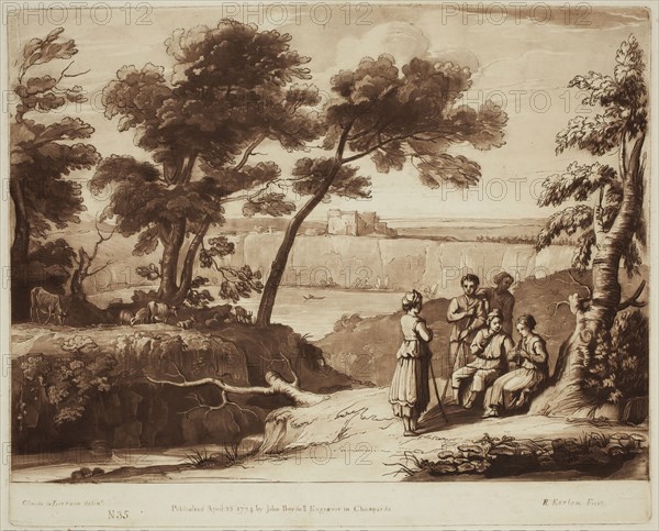 Richard Earlom, English, 1743 - 1822, after Claude Gellée, French, 1600-1682, Youth Instructing a Girl to Play on a Pipe, ca. 1774, etching and mezzotint printed in brown ink on laid paper, Plate: 8 1/8 × 10 1/8 inches (20.6 × 25.7 cm)