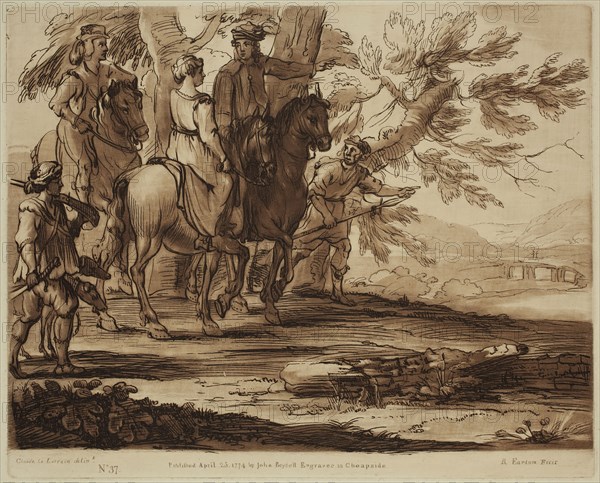 Richard Earlom, English, 1743 - 1822, after Claude Gellée, French, 1600-1682, Hunting Party, ca. 1774, etching and mezzotint printed in brown ink on laid paper, Plate: 8 1/4 × 10 1/8 inches (21 × 25.7 cm)