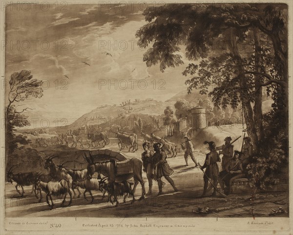 Richard Earlom, English, 1743 - 1822, after Claude Gellée, French, 1600-1682, Sportsmen Halting, ca. 1774, etching and mezzotint printed in brown ink on laid paper, Plate: 8 1/8 × 10 1/8 inches (20.6 × 25.7 cm)