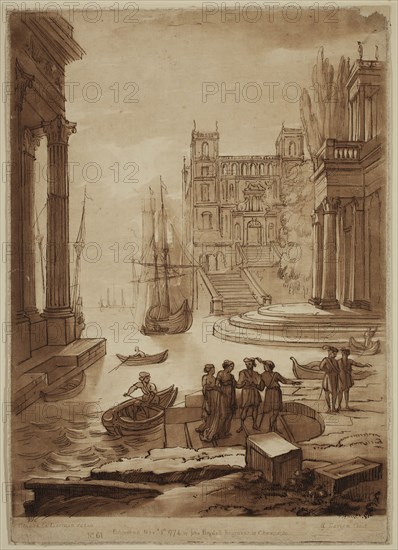 Richard Earlom, English, 1743 - 1822, after Claude Gellée, French, 1600-1682, Seaport with the Debarkation of a Lady of Quality, ca. 1774, etching and mezzotint printed in brown ink on laid paper, Plate: 10 5/8 × 7 1/2 inches (27 × 19.1 cm)