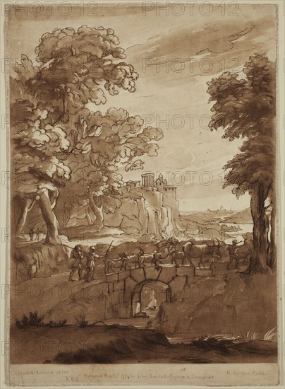 Richard Earlom, English, 1743 - 1822, after Claude Gellée, French, 1600-1682, Peasants Driving Cattle over a Bridge, ca. 1774, etching and mezzotint printed in brown ink on laid paper, Plate: 10 5/8 × 7 1/2 inches (27 × 19.1 cm)