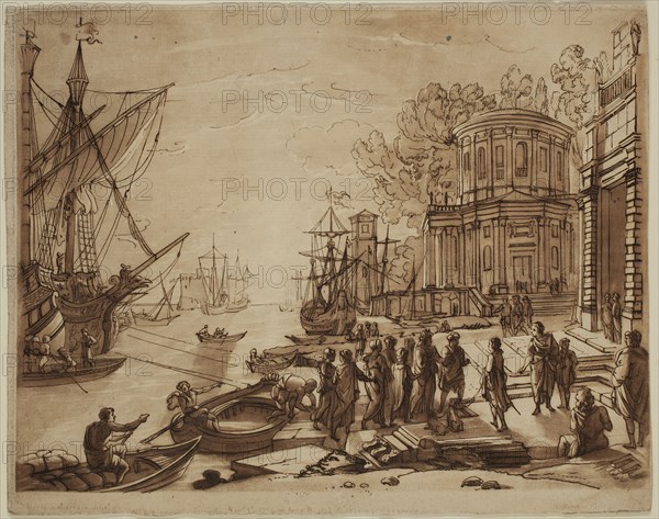 Richard Earlom, English, 1743 - 1822, after Claude Gellée, French, 1600-1682, Landing of Cleopatra, ca. 1774, etching and mezzotint printed in brown ink on laid paper, Sheet (trimmed to image edge): 8 1/8 × 10 3/8 inches (20.6 × 26.4 cm)