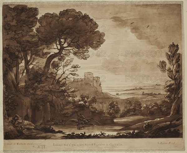 Richard Earlom, English, 1743 - 1822, after Claude Gellée, French, 1600-1682, Narcissus and Echo, ca. 1774, etching and mezzotint printed in brown ink on laid paper, Plate: 8 1/8 × 10 1/8 inches (20.6 × 25.7 cm)