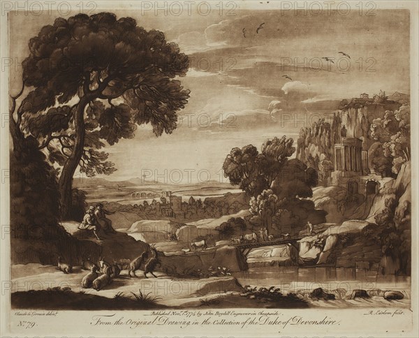 Richard Earlom, English, 1743 - 1822, after Claude Gellée, French, 1600-1682, Shepherd Playing on a Pipe and a Female Listening to the Music, ca. 1774, etching and mezzotint printed in brown ink on laid paper, Plate: 8 1/8 × 10 1/8 inches (20.6 × 25.7 cm)