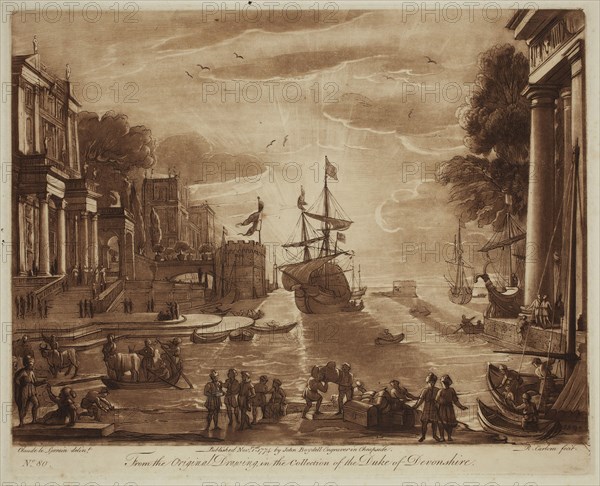 Richard Earlom, English, 1743 - 1822, after Claude Gellée, French, 1600-1682, Chryseis Restored by the Greeks to Her Father, ca. 1774, etching and mezzotint printed in brown ink on laid paper, Plate: 8 1/8 × 10 1/8 inches (20.6 × 25.7 cm)