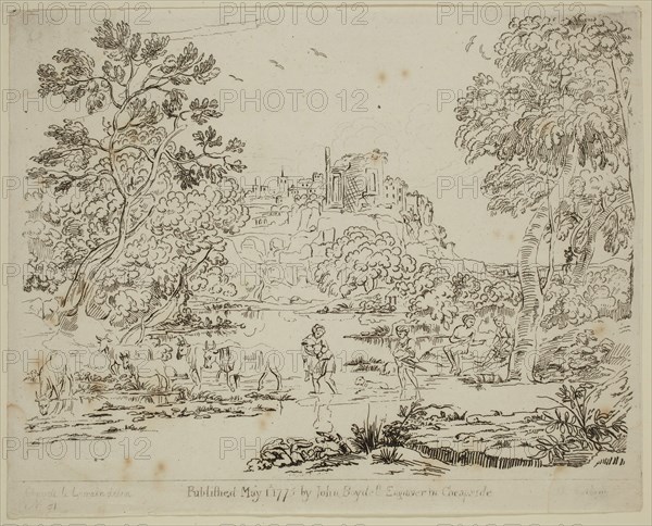 Richard Earlom, English, 1743 - 1822, after Claude Gellée, French, 1600-1682, Peasants with Cattle Fording a River, ca. 1775, etching printed in black ink on laid paper, Sheet (trimmed to plate mark): 8 1/8 × 10 1/4 inches (20.6 × 26 cm)