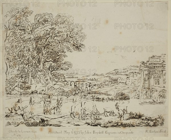 Richard Earlom, English, 1743 - 1822, after Claude Gellée, French, 1600-1682, Woman with Goat and Browsing Cattle, ca. 1775, etching printed in black ink on laid paper, Sheet (trimmed to plate mark): 8 1/4 × 10 1/8 inches (21 × 25.7 cm)