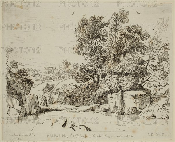 Richard Earlom, English, 1743 - 1822, after Claude Gellée, French, 1600-1682, Landscape with River, ca. 1775, etching printed in black ink on laid paper, Sheet (trimmed to plate mark): 8 1/8 × 10 1/8 inches (20.6 × 25.7 cm)