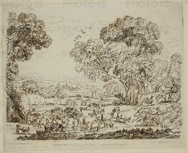 Richard Earlom, English, 1743 - 1822, after Claude Gellée, French, 1600-1682, Shepherd and Shepherdess Herding Cattle, ca. 1775, etching printed in black ink on laid paper, Sheet (trimmed to plate edge): 8 1/8 × 10 1/8 inches (20.6 × 25.7 cm)