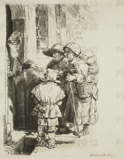 William Baillie, English, 1723-1810, after Rembrandt Harmensz van Rijn, Dutch, 1606-1669, Beggars at the Door of a House, between 1723 and 1799, etching printed in black ink on wove paper, Plate: 6 3/8 × 5 inches (16.2 × 12.7 cm)
