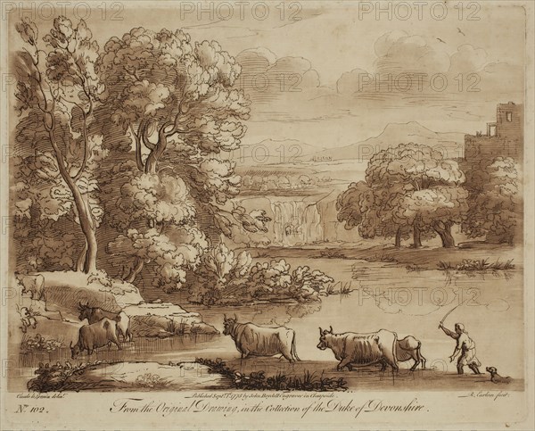 Richard Earlom, English, 1743 - 1822, after Claude Gellée, French, 1600-1682, Herdsman Passing with Cattle through a River, ca. 1775, Etching and mezzotint printed in brown on laid paper, plate: 8 1/8 x 10 1/8 in.