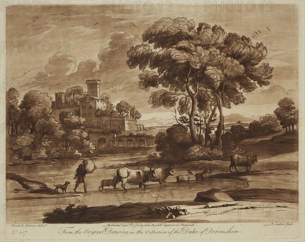 Richard Earlom, English, 1743 - 1822, after Claude Gellée, French, 1600-1682, Herdsman Driving Cattle through a River, ca. 1775, Etching and mezzotint printed in brown on laid paper, plate: 8 1/8 x 10 1/8 in.