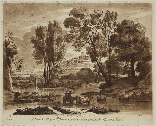 Richard Earlom, English, 1743 - 1822, after Claude Gellée, French, 1600-1682, Pastoral Landscape with Herd and Herdsmen Fording a Stream, ca. 1775, Etching and mezzotint printed in brown on laid paper, plate: 8 1/8 x 10 1/4 in.