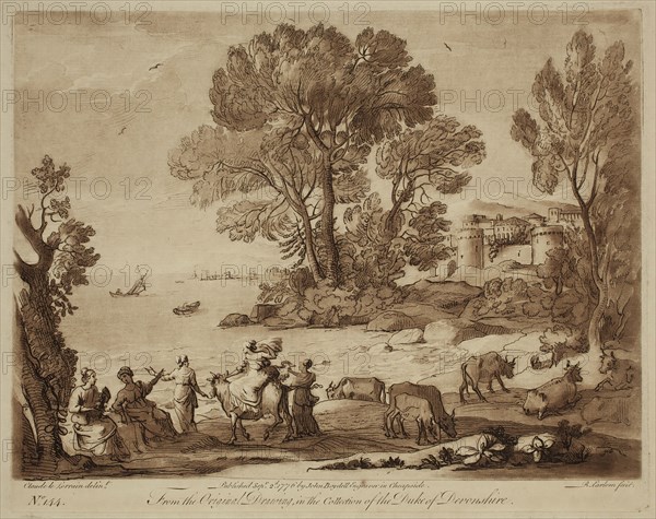 Richard Earlom, English, 1743 - 1822, after Claude Gellée, French, 1600-1682, Rape of Europa, ca. 1776, etching and mezzotint printed in brown ink on laid paper, Plate: 8 1/8 × 10 1/4 inches (20.6 × 26 cm)