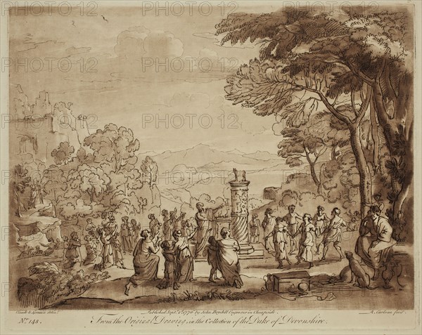 Richard Earlom, English, 1743 - 1822, after Claude Gellée, French, 1600-1682, Israelites Worshipping the Molten Calf, ca. 1776, etching and mezzotint printed in brown ink on laid paper, Plate: 8 1/8 × 10 1/4 inches (20.6 × 26 cm)