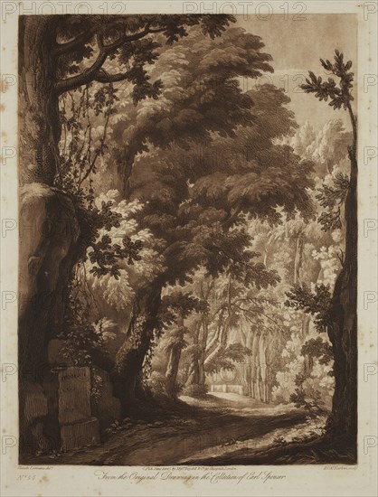 Richard Earlom, English, 1743 - 1822, after Claude Gellée, French, 1600-1682, Forest Scene, ca. 1807, etching and mezzotint printed in brown ink on laid paper, Plate: 10 7/8 × 8 1/8 inches (27.6 × 20.6 cm)