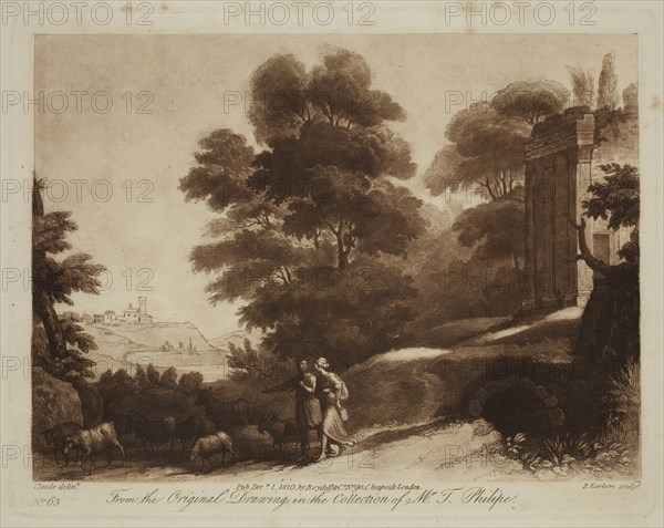 Richard Earlom, English, 1743 - 1822, Young Man and Woman Driving Cattle, ca. 1810, etching and mezzotint printed in brown ink on laid paper, Plate: 6 1/4 × 7 7/8 inches (15.9 × 20 cm)