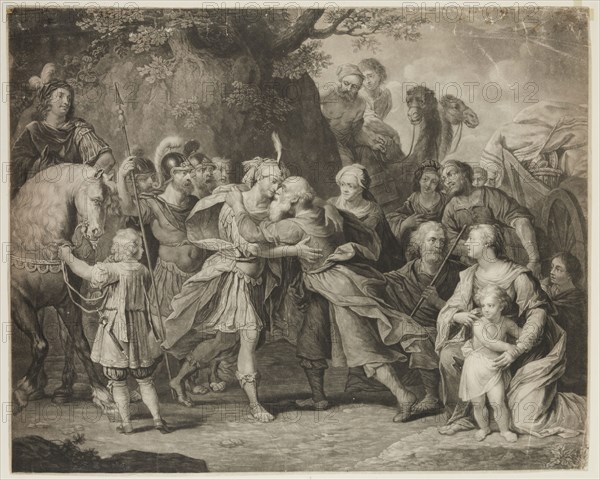 Richard Earlom, English, 1743 - 1822, after Peter Paul Rubens, Flemish, 1577-1640, Meeting of Jacob and Joseph, 18th/19th Century, Mezzotint printed in black on wove paper, image: 19 x 23 3/4 in.