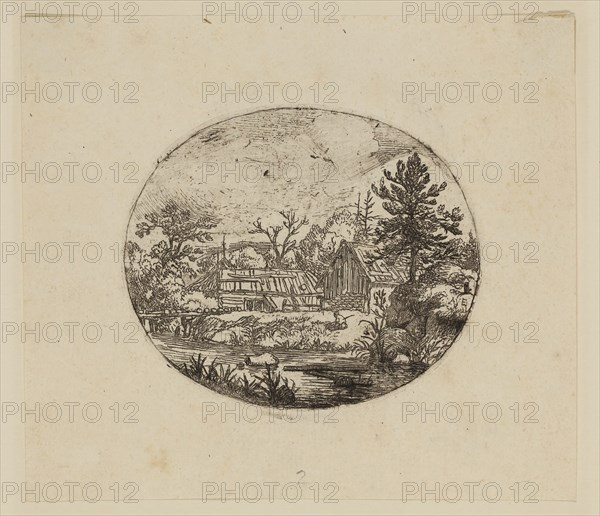 Allart van Everdingen, Dutch, 1621-1675, The Hamlet at the Bank of a River, between 1621 and 1675, etching printed in black ink on laid paper, Plate (oval): 2 1/2 × 3 inches (6.4 × 7.6 cm)