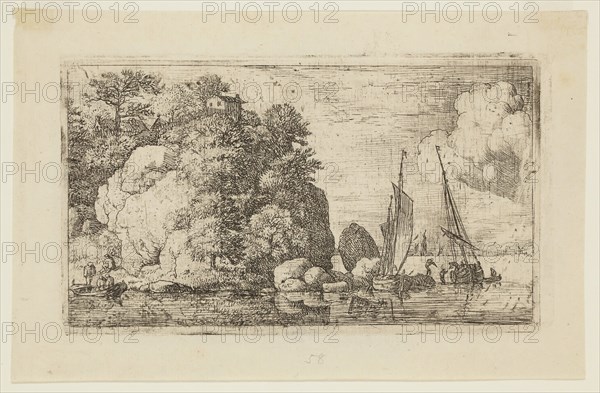 Allart van Everdingen, Dutch, 1621-1675, Two Boats on a Wide River, between 1621 and 1675, etching and drypoint printed in black ink on laid paper, Plate: 3 3/8 × 5 7/8 inches (8.6 × 14.9 cm)