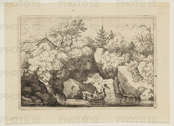 Allart van Everdingen, Dutch, 1621-1675, Little Boat Under a Pierced Rock, between 1621 and 1675, etching and drypoint printed in black ink on laid paper, Plate: 3 7/8 × 5 3/4 inches (9.8 × 14.6 cm)