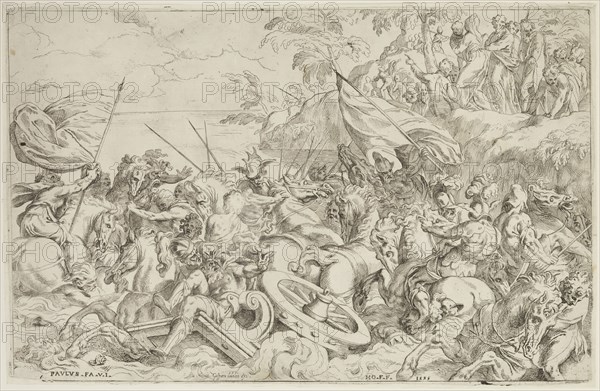 Horazio Farinati, Italian, 1559-1616, after Paolo Farinato, Italian, 1524-1606, The Crossing of the Red Sea, 1593, etching printed in black ink on laid paper, Plate: 14 3/8 × 21 7/8 inches (36.5 × 55.6 cm)