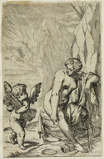 Odoardo Fialetti, Italian, 1573-1638, Venus Covering Sleeping Amor, between 1573 and 1638, etching printed in black ink on laid paper, Sheet (trimmed within plate mark): 7 × 3 5/8 inches (17.8 × 9.2 cm)