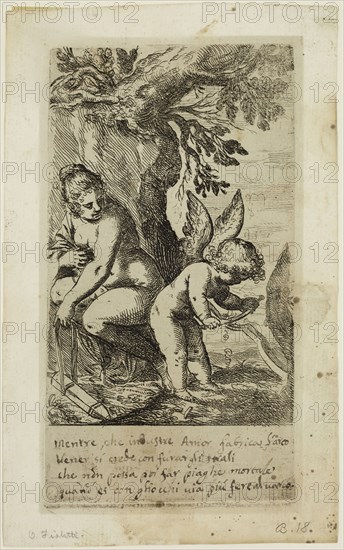 Odoardo Fialetti, Italian, 1573-1638, Venus Covering Sleeping Amor, between 1573 and 1638, etching printed in black ink on laid paper, Sheet (trimmed within plate mark): 7 × 3 5/8 inches (17.8 × 9.2 cm)