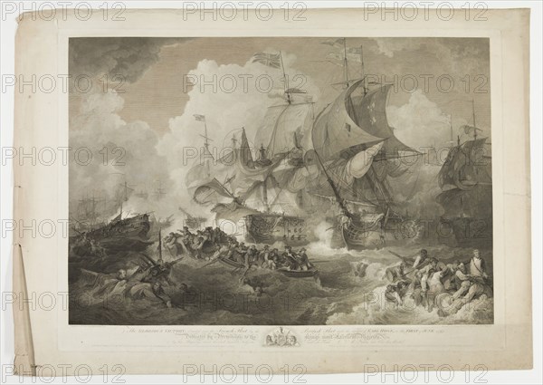 James Fittler, English, 1758-1835, after Philipp Jakob II Loutherboug, French, 1740-1812, The Glorious Victory over the French Fleet by the British Fleet under the Command of Earl Howe on the First of June 1794, 1794, engraving printed in black ink on laid paper, Plate: 23 × 32 inches (58.4 × 81.3 cm)