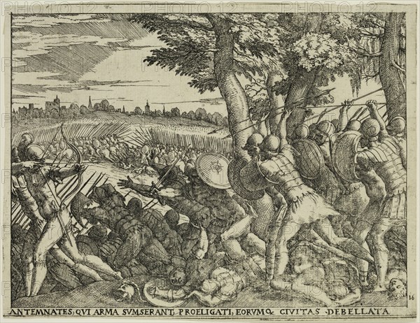 Giovanni Battista Fontana, Italian, 1524-1587, The Defeat of the Antemnaeans, 1573, etching and engraving printed in black ink on laid paper, Sheet: 5 3/8 × 7 inches (13.7 × 17.8 cm)