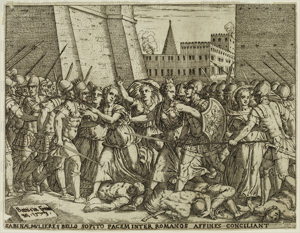 Giovanni Battista Fontana, Italian, 1524-1587, The Sabine Women Negociate a Peace, 1573, etching and engraving printed in black ink on laid paper, Sheet: 5 1/4 × 6 3/4 inches (13.3 × 17.1 cm)